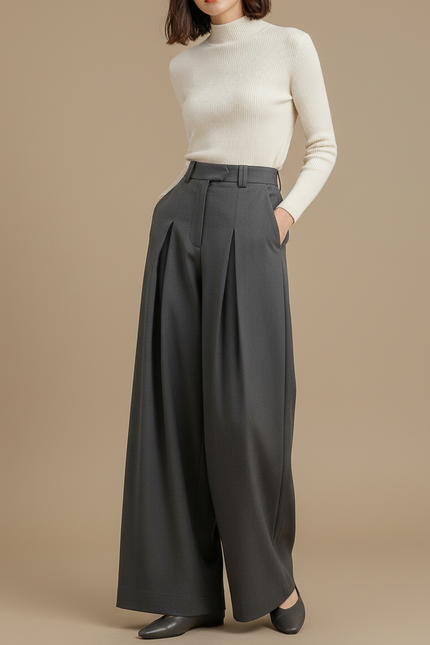 Pantalon Chino Gris Anthracite Plissé Large Femme Élégant - Gabardine