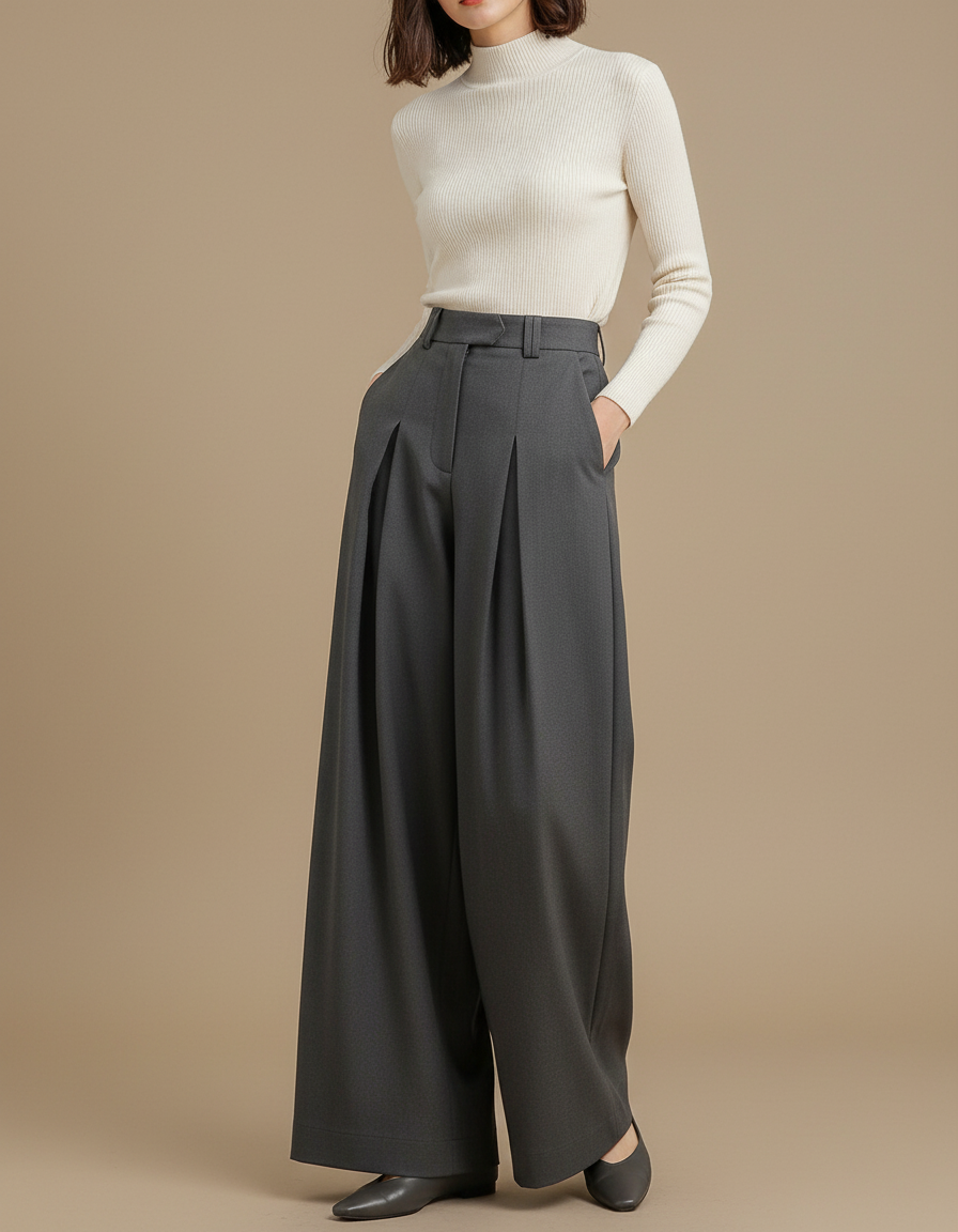 Pantalon Chino Gris Anthracite Plissé Large Femme Élégant - Gabardine