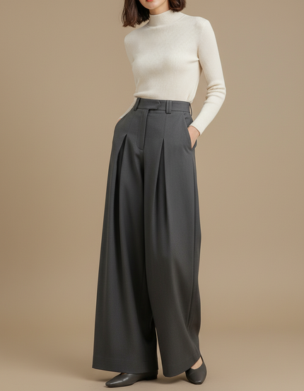 Pantalon Chino Gris Anthracite Plissé Large Femme Élégant - Gabardine