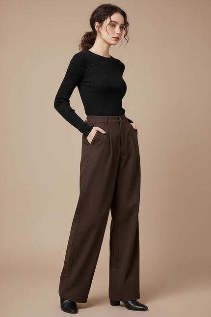 Pantalon Chino Marron Ample Taille Haute Élégant Femme - Gabardine