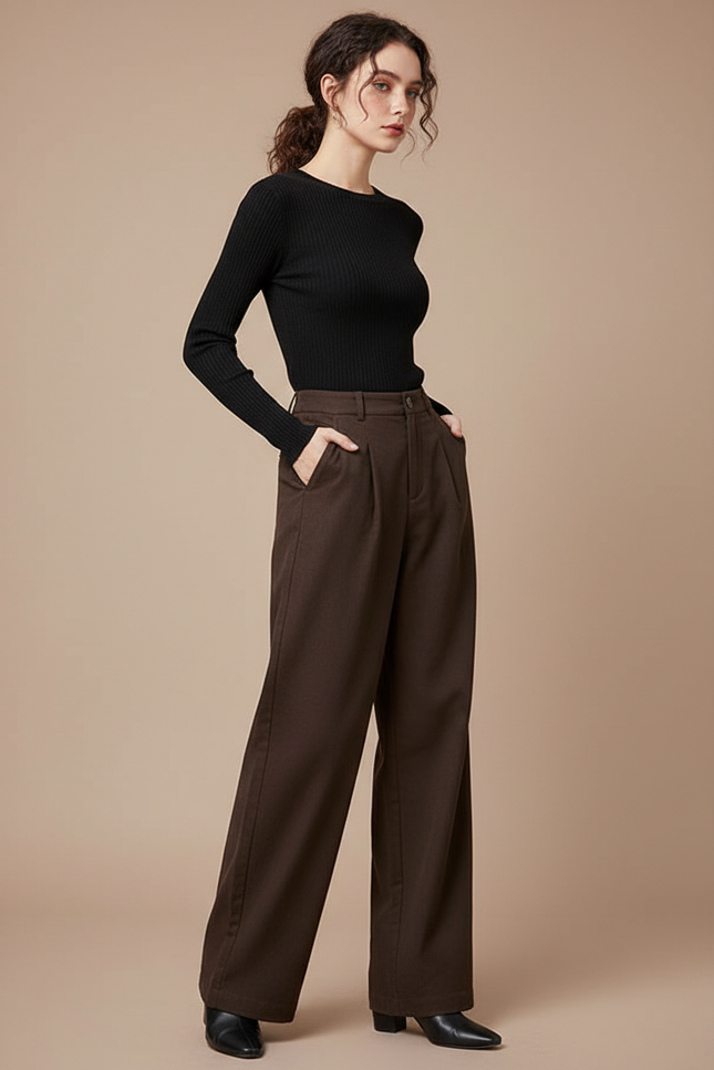 Pantalon Chino Marron Ample Taille Haute Élégant Femme - Gabardine