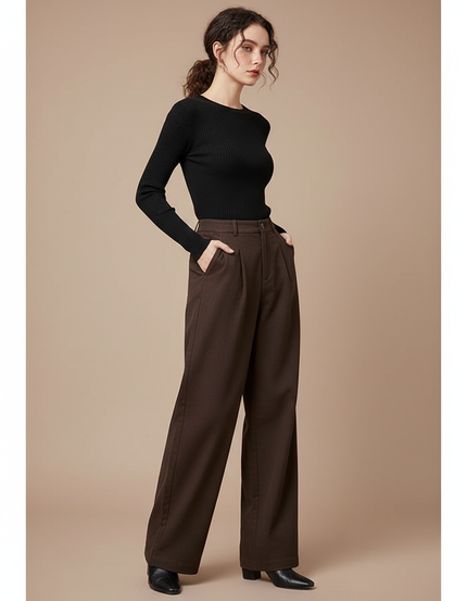 Pantalon Chino Marron Ample Taille Haute Élégant Femme - Gabardine