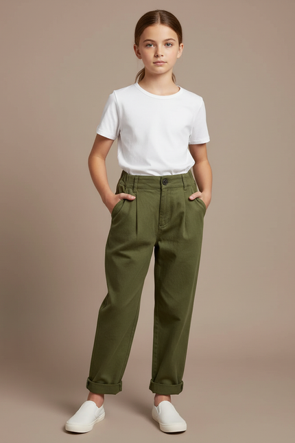 Pantalon Chino Vert Olive Coton Plissé Décontracté Enfant - Kaki