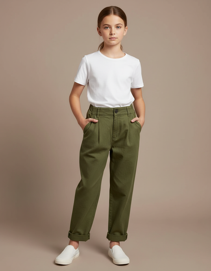 Pantalon Chino Vert Olive Coton Plissé Décontracté Enfant - Kaki