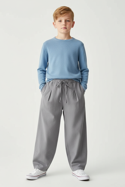 Pantalon Chino Gris Coton Ample Cordon Décontracté Garçon