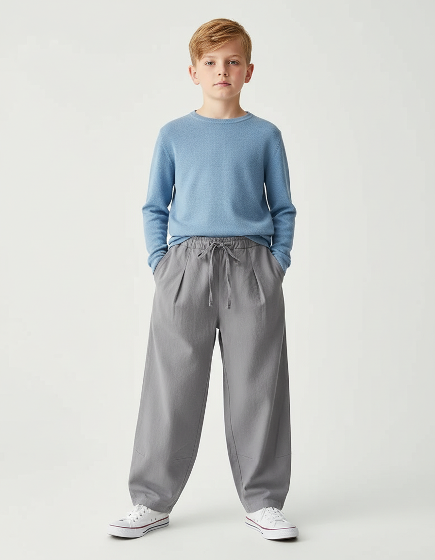 Pantalon Chino Gris Coton Ample Cordon Décontracté Garçon