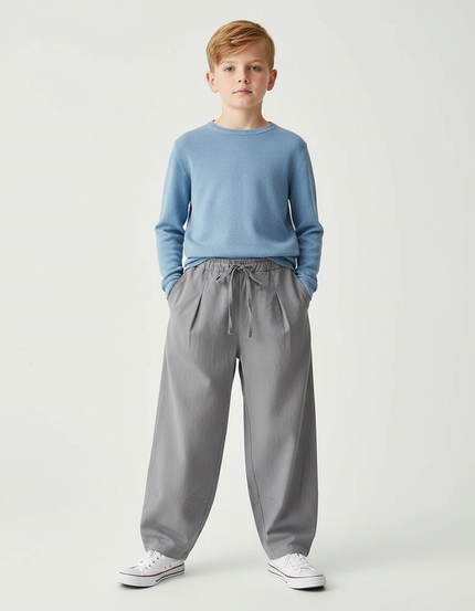Pantalon Chino Gris Coton Ample Cordon Décontracté Garçon