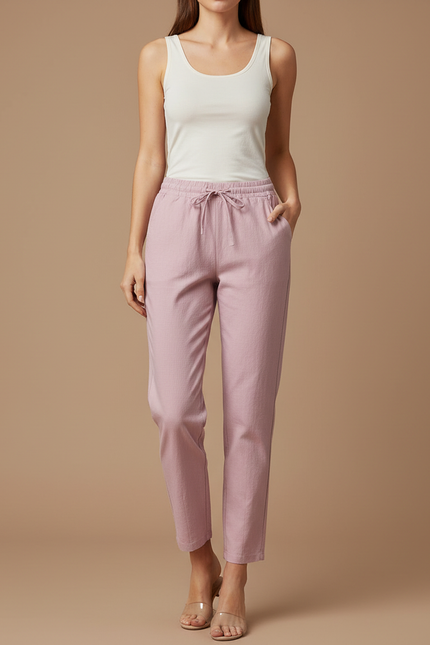 Pantalon Chino Rose Coton Lin Ample Décontracté Femme