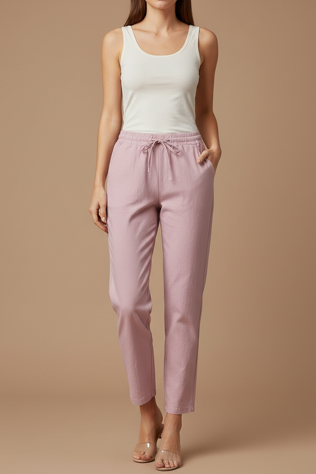 Pantalon Chino Rose Coton Lin Ample Décontracté Femme