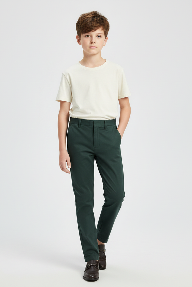 Pantalon Chino Vert Foncé Coupe Droite Confortable Garçon - Coton