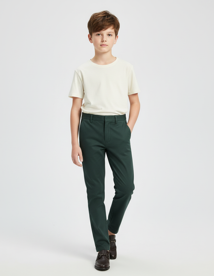 Pantalon Chino Vert Foncé Coupe Droite Confortable Garçon - Coton