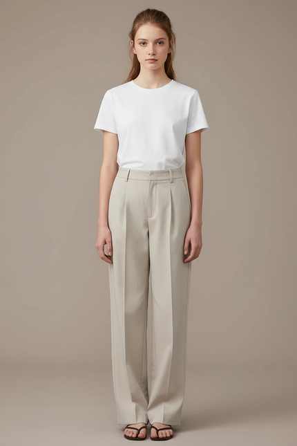 Pantalon Chino Beige Plissé Ample Décontracté Femme - Gabardine