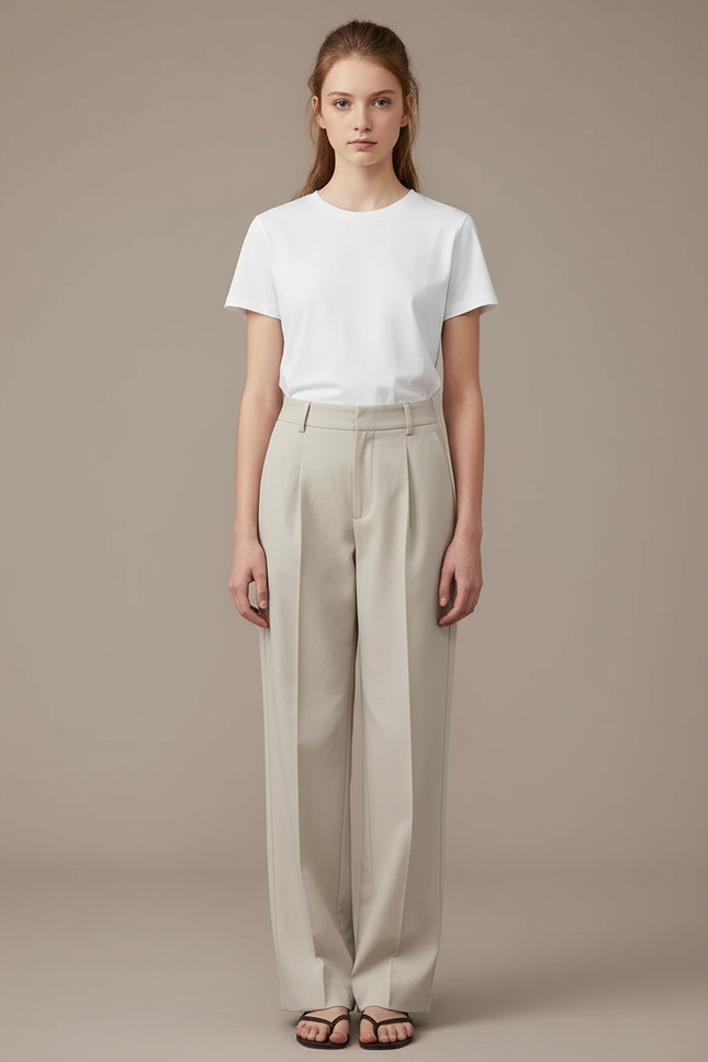 Pantalon Chino Beige Plissé Ample Décontracté Femme - Gabardine