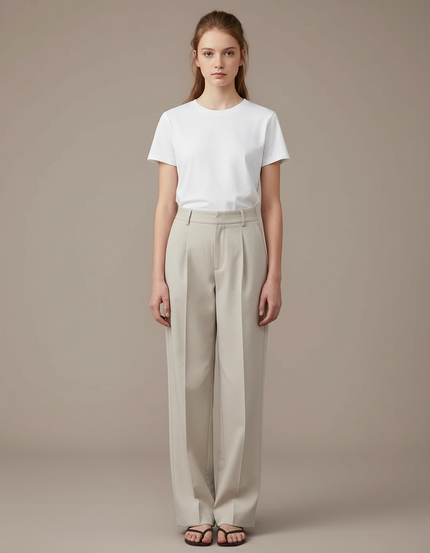 Pantalon Chino Beige Plissé Ample Décontracté Femme - Gabardine