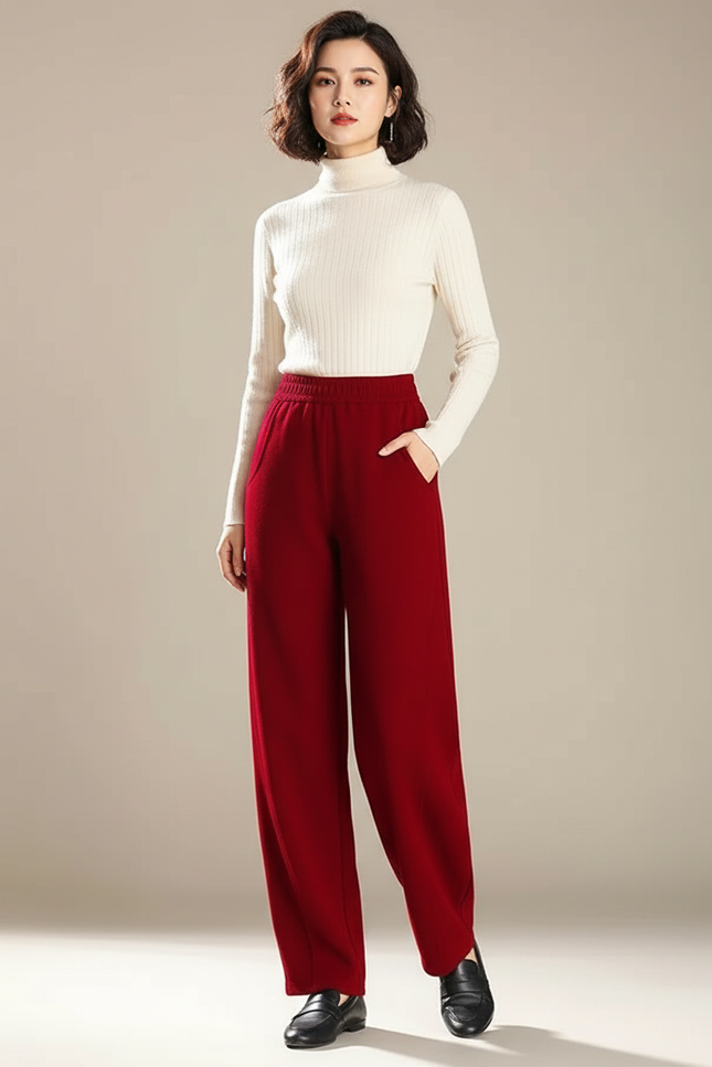 Pantalon Chino Rouge Ample Taille Haute Femme - Molleton