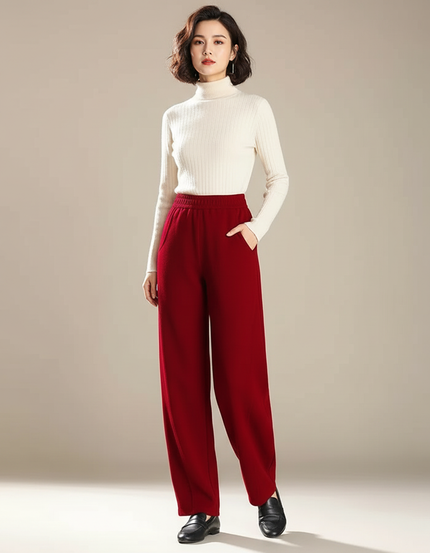 Pantalon Chino Rouge Ample Taille Haute Femme - Molleton