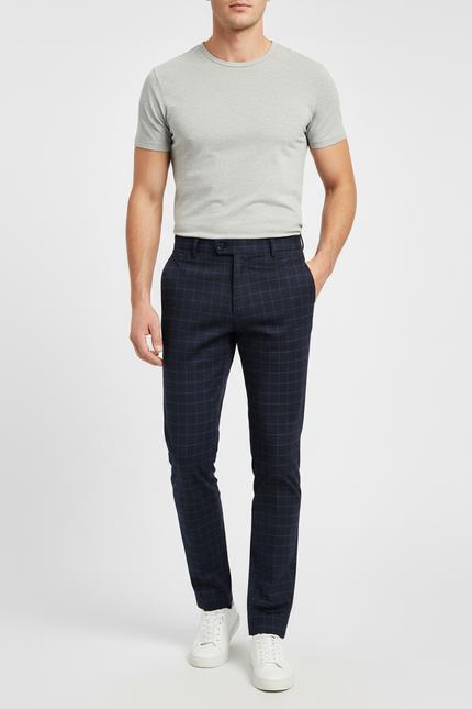 Pantalon Chino Bleu Marine Carreaux Slim Élégant Homme - Gabardine
