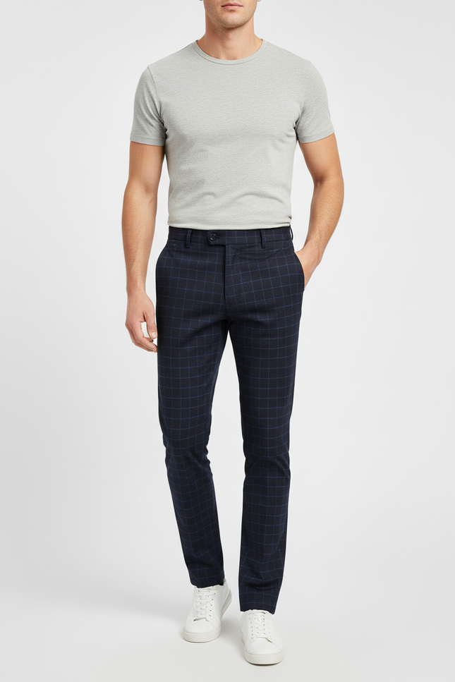 Pantalon Chino Bleu Marine Carreaux Slim Élégant Homme - Gabardine