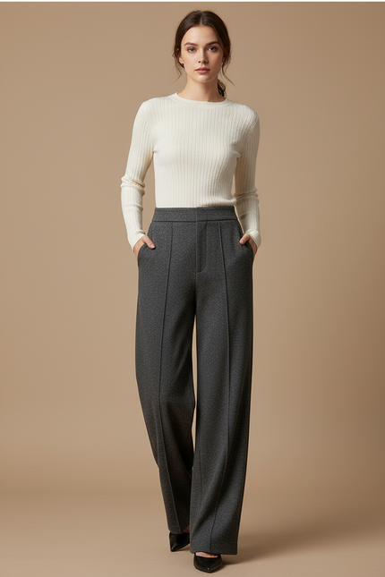 Pantalon Chino Gris Large Fluide Élégant Femme - Laine