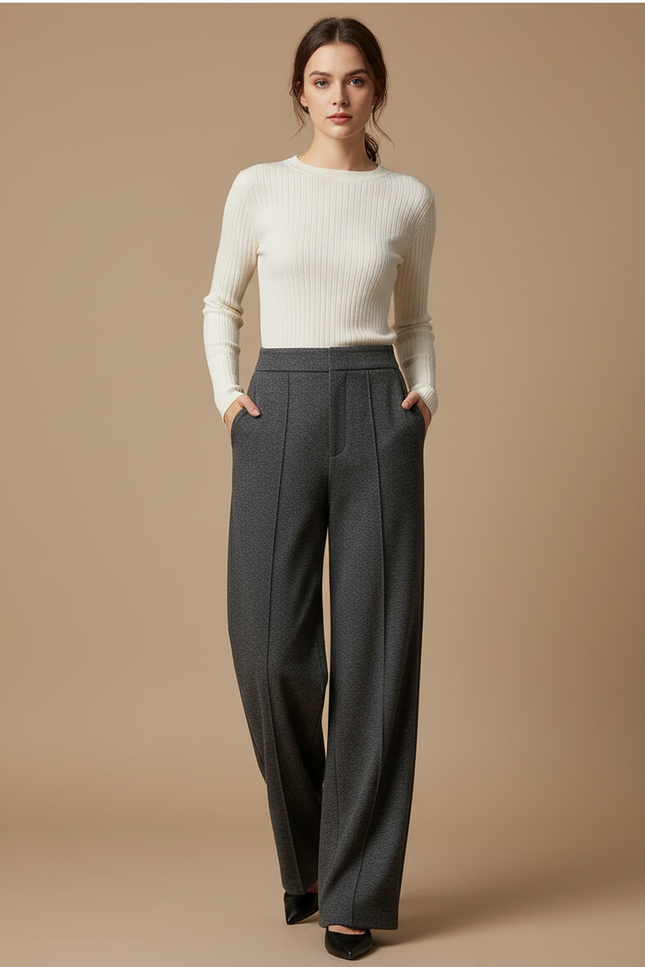 Pantalon Chino Gris Large Fluide Élégant Femme - Laine