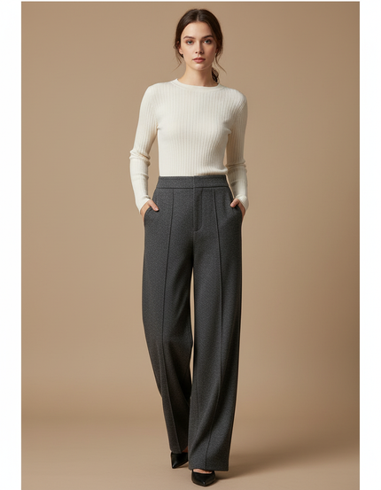 Pantalon Chino Gris Large Fluide Élégant Femme - Laine