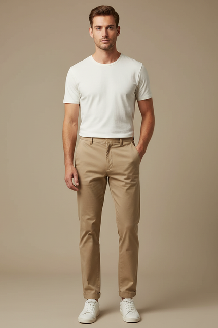 Pantalon Chino Homme Coupe Droite Beige Coton