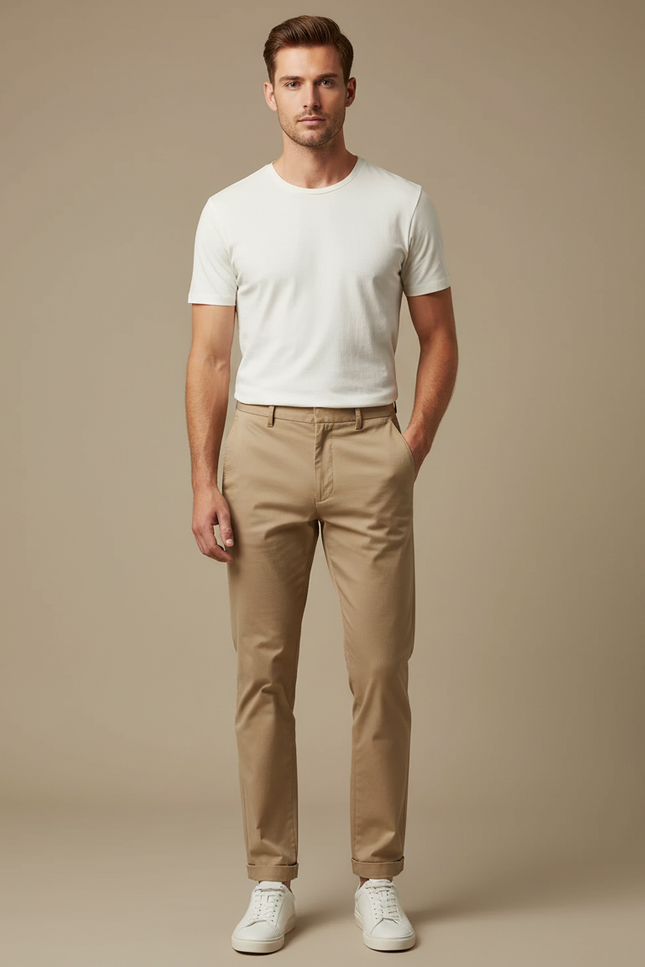 Pantalon Chino Homme Coupe Droite Beige Coton