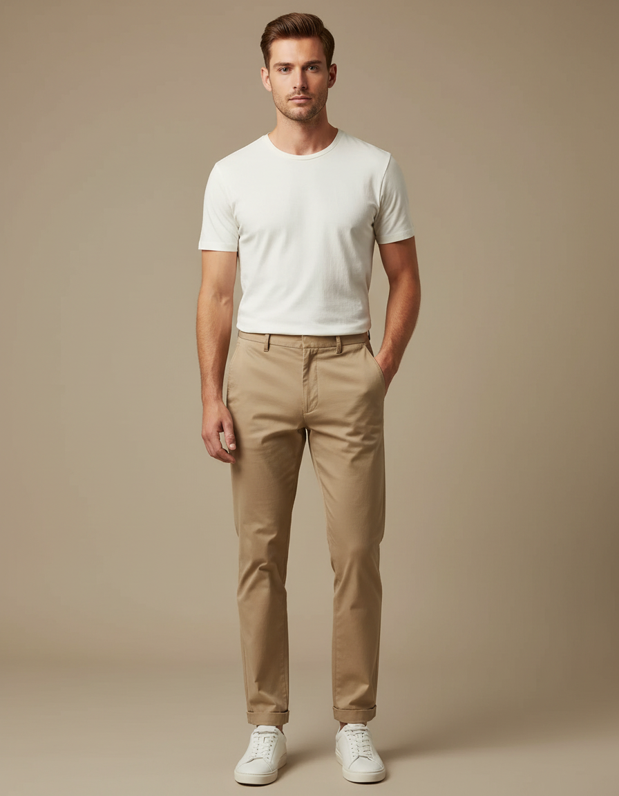 Pantalon Chino Homme Coupe Droite Beige Coton