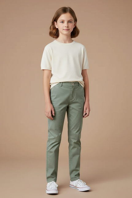 Pantalon Chino Vert Kaki Droit Coton Fille Décontracté - Gabardine