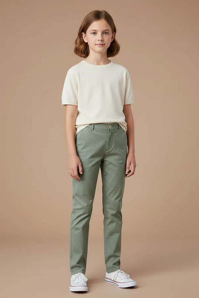 Pantalon Chino Vert Kaki Droit Coton Fille Décontracté - Gabardine
