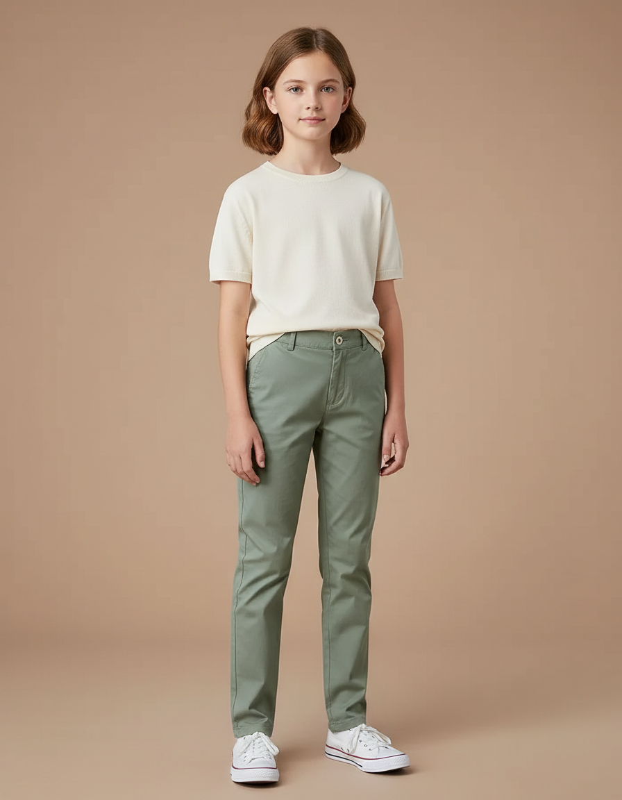 Pantalon Chino Vert Kaki Droit Coton Fille Décontracté - Gabardine