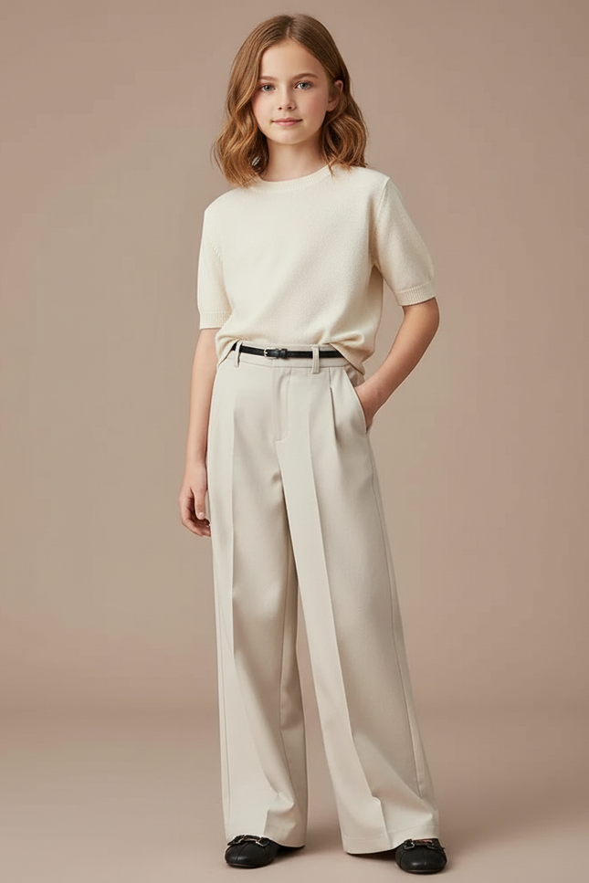 Pantalon Chino Beige Ample Plissé Élégant Fille - Gabardine