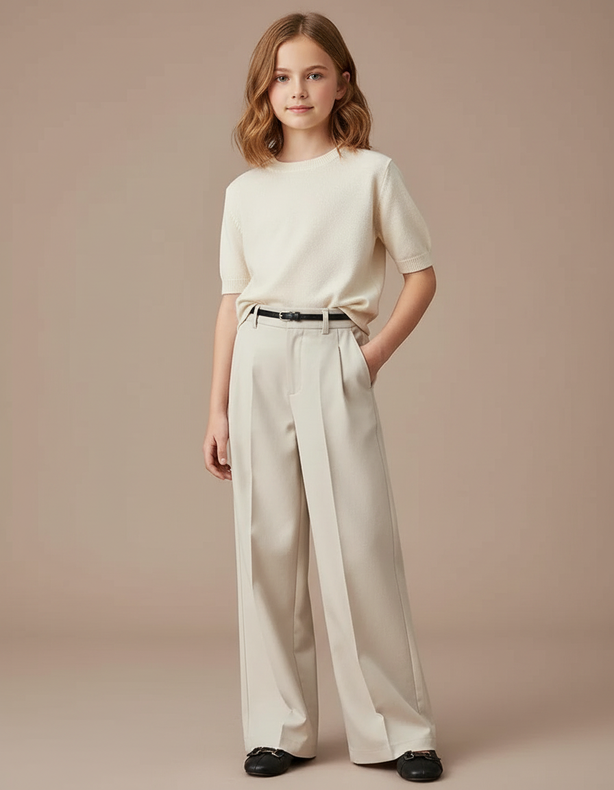 Pantalon Chino Beige Ample Plissé Élégant Fille - Gabardine