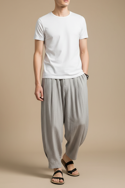 Pantalon Chino Gris Lin Ample Harem Décontracté Homme