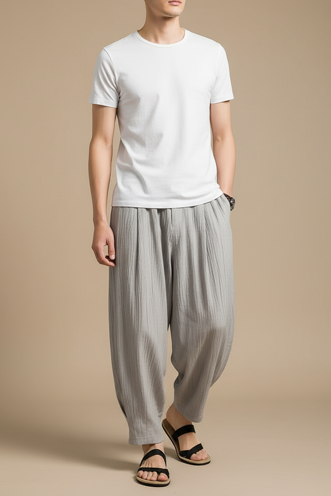 Pantalon Chino Gris Lin Ample Harem Décontracté Homme
