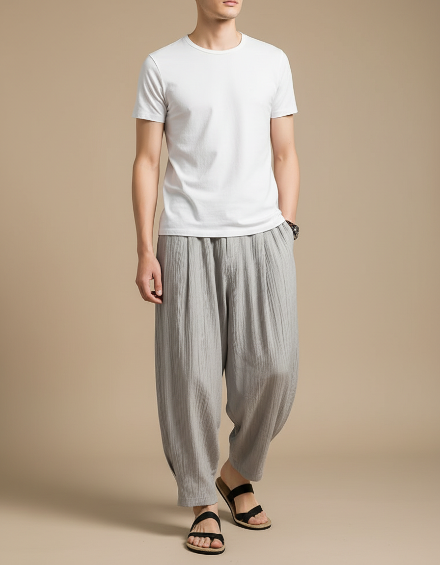 Pantalon Chino Gris Lin Ample Harem Décontracté Homme
