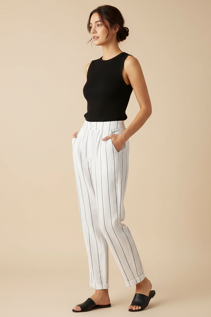 Pantalon Chino Blanc Rayé Coton Lin Ample Décontracté Femme