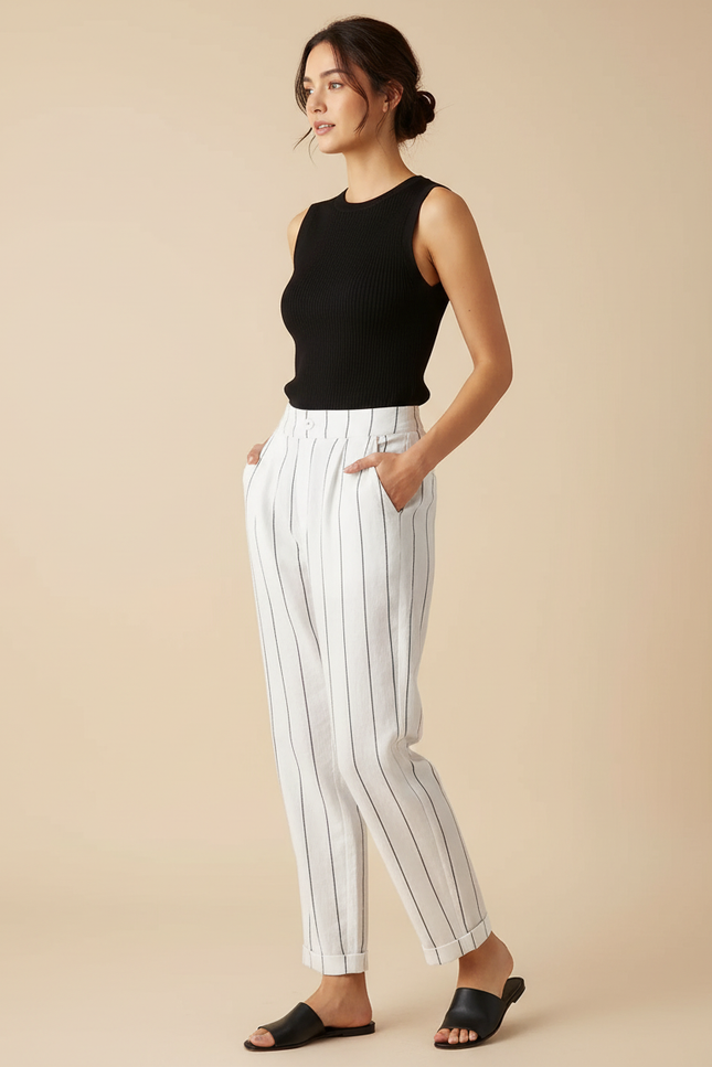 Pantalon Chino Blanc Rayé Coton Lin Ample Décontracté Femme