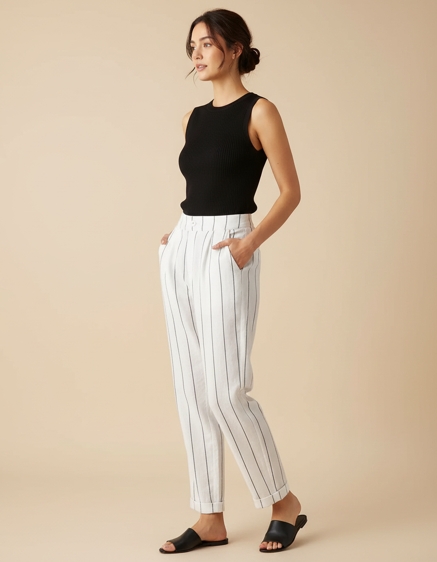 Pantalon Chino Blanc Rayé Coton Lin Ample Décontracté Femme