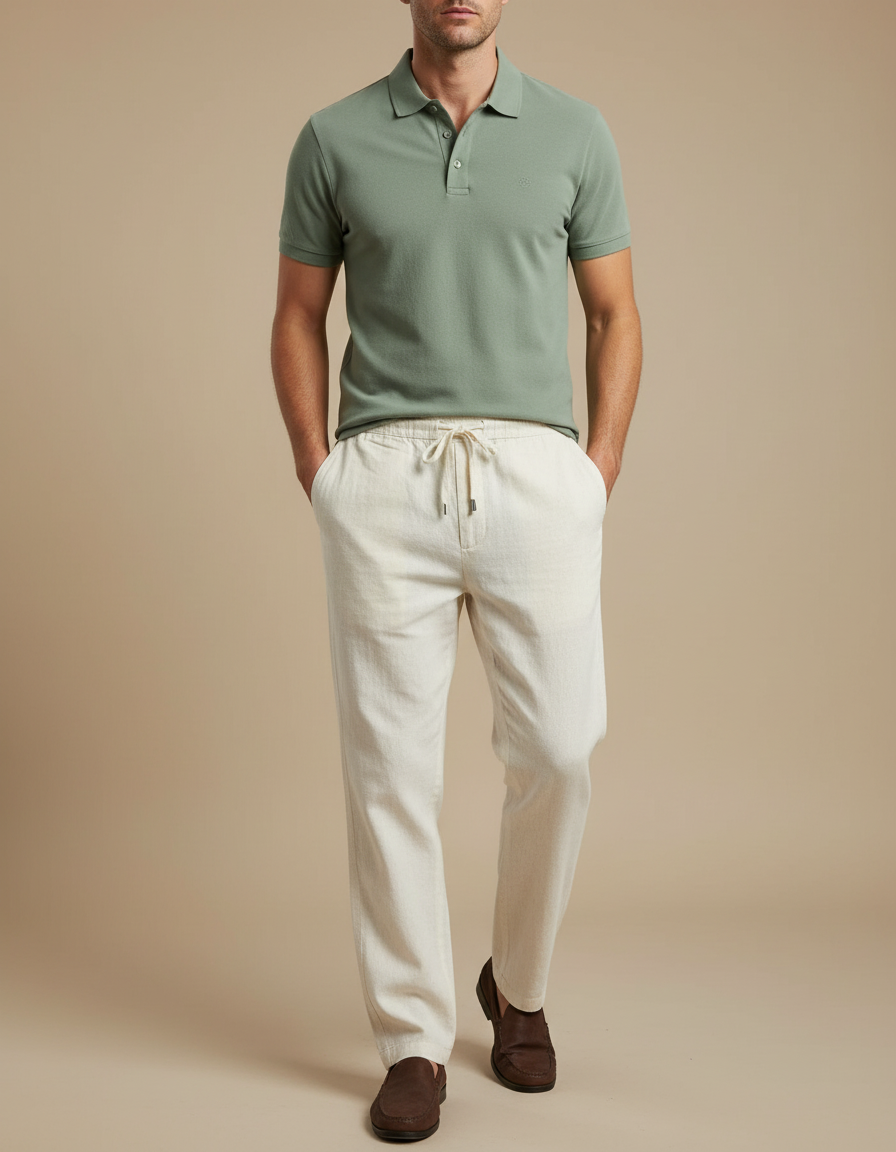 Pantalon Chino Beige Coton Lin Droit Décontracté Homme