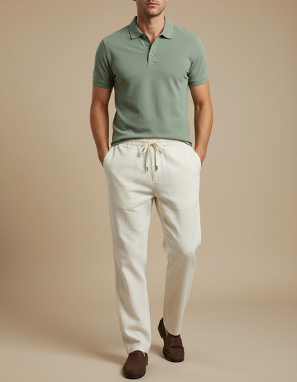 Pantalon Chino Beige Coton Lin Droit Décontracté Homme