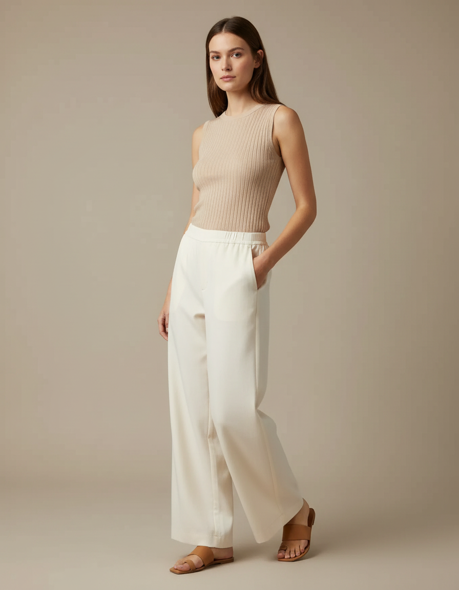 Pantalon Chino Écru Taille Haute Droit Fluide Femme - Blanc Viscose
