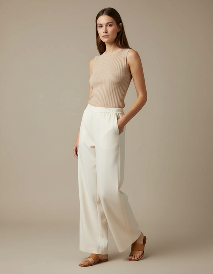Pantalon Chino Écru Taille Haute Droit Fluide Femme - Blanc Viscose