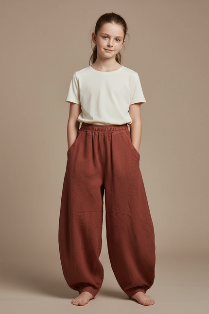 Pantalon Chino Lin Coton Ample Sarouel Marron Enfant