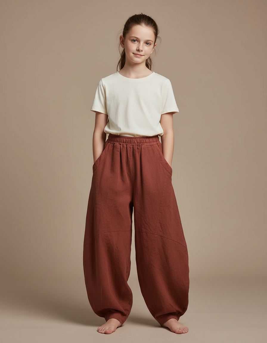 Pantalon Chino Lin Coton Ample Sarouel Marron Enfant