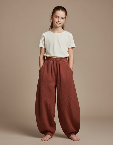 Pantalon Chino Lin Coton Ample Sarouel Marron Enfant