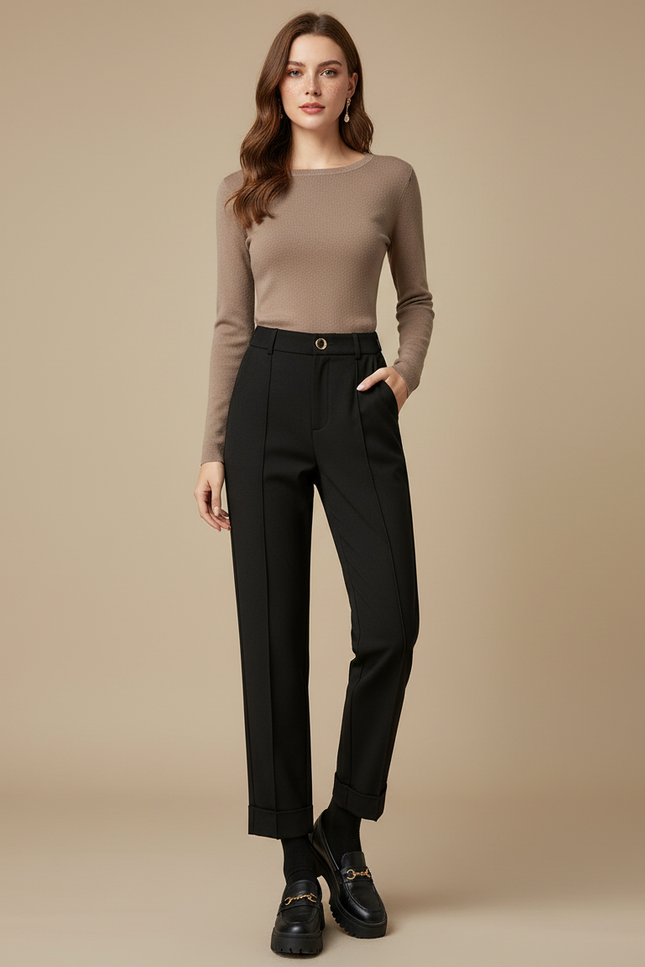 Pantalon Chino Noir Coupe Droite Élégant Décontracté Femme - Gabardine