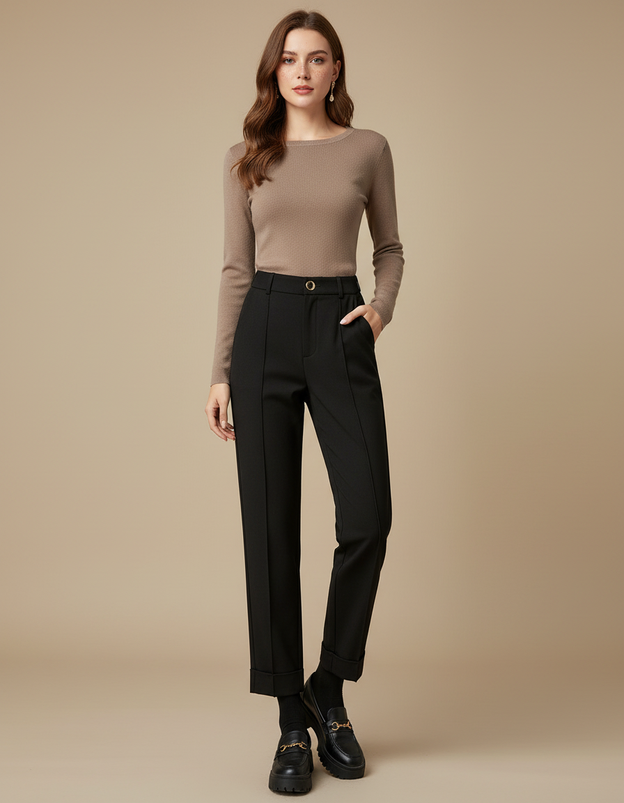 Pantalon Chino Noir Coupe Droite Élégant Décontracté Femme - Gabardine