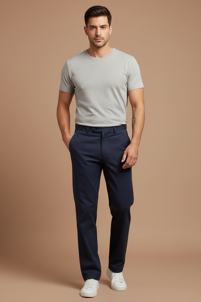 Pantalon Chino Bleu Marine Coton Droit Élégant Homme