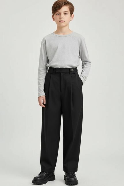 Pantalon Chino Noir Ample Plissé Décontracté Garçon - Gabardine